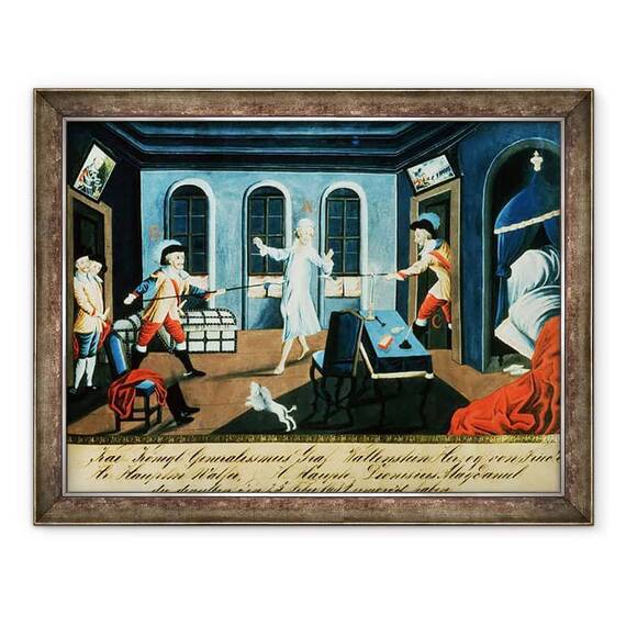 Tablou inramat - Scoala austriaca - Asasinarea lui Albrecht von Wallenstein 1583-1634 la Eger de catre o forta de ofiteri irlandezi si scotieni sub comanda generalului Butler - - Roveli