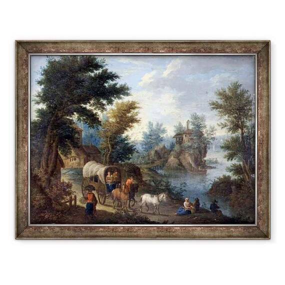Tablou inramat - Peeter van Bredael - Un peisaj impadurit de rau cu calatorii - - Roveli