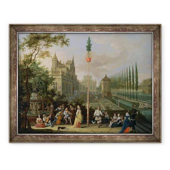 Tablou inramat - Pieter Gysels - Figuri elegante care joaca instrumente muzicale in jurul unui maypole ulei pe cupru - - Roveli