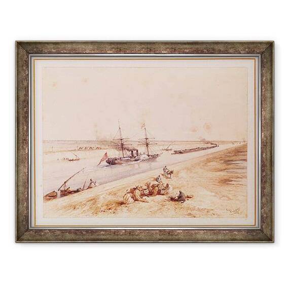 Tablou inramat - Edouard Riou - Un vapor turcesc cu vasle care urca pe Canalul Suez - - Roveli