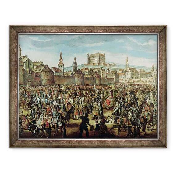 Tablou inramat - Scoala austriaca - Sosirea imparatesei Maria Tereza a Austriei 1717-80 la Pressburg Bratislava la 25 august 1741 - - Roveli