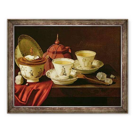 Tablou inramat - Pieter Gerritsz van Roestraten - Un ceainic Yixing si un tete-a-tete de portelan chinezesc pe o margine partial drapata - - Roveli