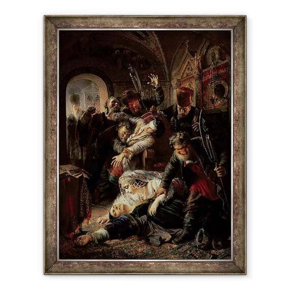 Tablou inramat - Konstantin Egorovich Makovsky - Uciderea asasinilor ucigandu-l pe fiul lui Boris Fiodorevici Godunov - - Roveli