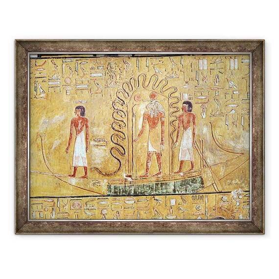 Tablou inramat - Egyptian 19th Dynasty - Zeul Soarelui Ra in barca sa solara, protejat de bobinele unui sarpe - - Roveli
