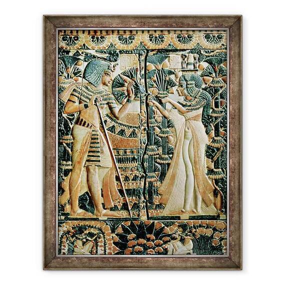 Tablou inramat - Egyptian 18th Dynasty - Placa de la capacul unui cufar aratand Tutankhamon c.1370-52 i.Hr. si sotia sa Ankhesenamun intr-o gradina - - Roveli