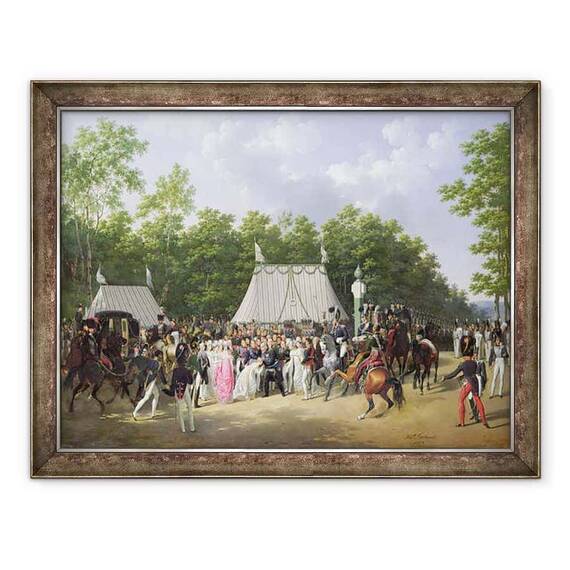 Tablou inramat - Hippolyte Lecomte - Ludovic al XVIII-lea 1755-1824 Salutand Marie-Caroline-Ferdinande de Bourbon, Printesa a Siciliei, in padurea de la Fontainebleau, 15 iunie 1816 - - Roveli