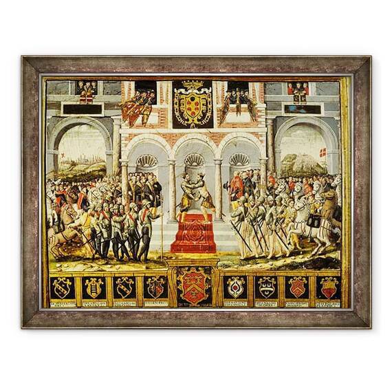 Tablou inramat - Scoala franceza - Tratatul de la Cateau-Cambresis si imbratisarea lui Henri al II-lea 1519-59 al Frantei si Filip al II-lea 1527-98 al Spaniei - - Roveli