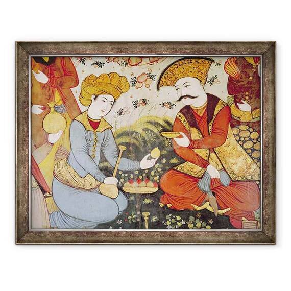 Tablou inramat - Scoala Persana - Shah Abbas I 1588-1629 si un curtean oferind fructe si bauturi detaliu - - Roveli