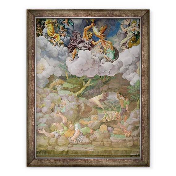 Tablou inramat - Giulio Romano - Olympus si Zeus Distrugerea gigantilor rebeli, detaliu de la unul dintre zidurile Sala dei Giganti - - Roveli
