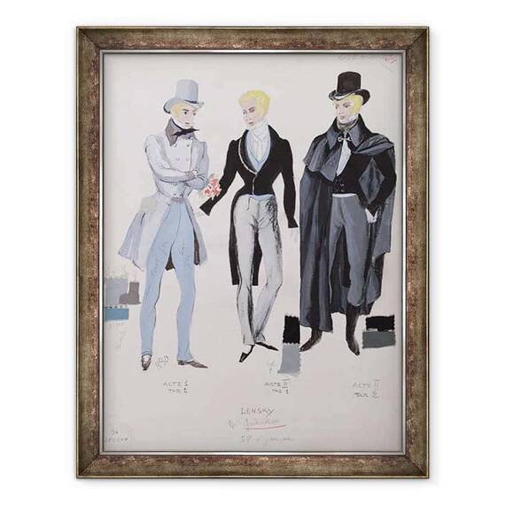 Tablou inramat - A. Lebrun - Lensky, costume din actele I, II si III ale operei Eugene Oneg - - Roveli