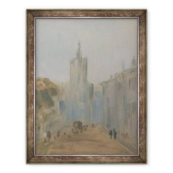Tablou inramat - scoala engleza - Strada cu Biserica si Figurile atribuite anterior lui J.M.W. Turner 1775-1851 si, de asemenea, atribuit lui Peter de Wint 1784-1849 - - Roveli