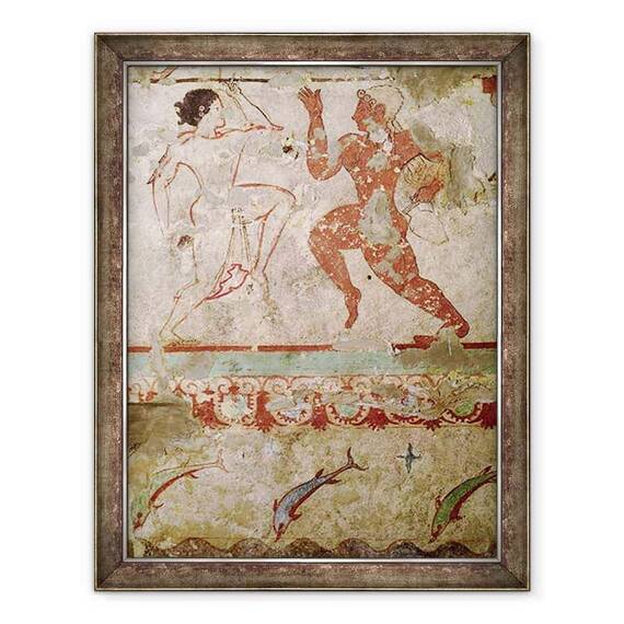 Tablou inramat - Etruscan - Doi dansatori si delfini sarind prin valuri, friza din mormantul leoaicelor in necropola - - Roveli