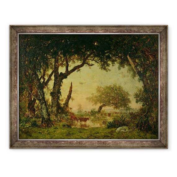 Tablou inramat - Theodore Rousseau - Marginea padurii la Fontainebleau, apusul soarelui - - Roveli