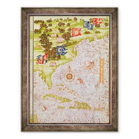 Tablou inramat - Guillaume Le Testu - F.52v Harta Florida si Antilele, de la Cosmographia Universelle - - Roveli