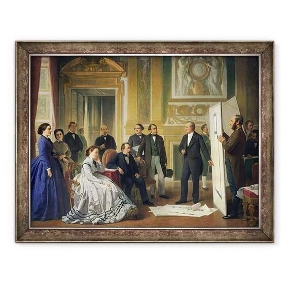 Tablou inramat - Jean Baptiste Ange Tissier - Louis Visconti 1791-1853 Prezentarea noilor planuri pentru Luvru lui Napoleon al III-lea 1808-73 1853 - - Roveli