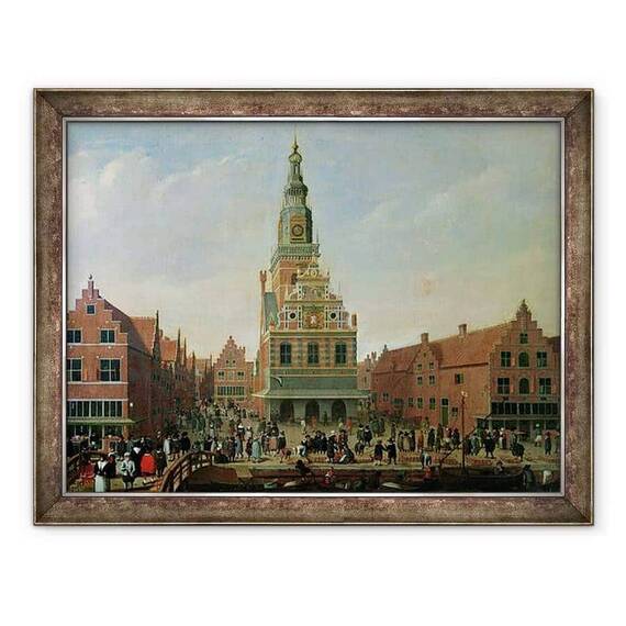 Tablou inramat - Scoala olandeza - Vedere la cantarirea si piata branzeturilor de la Alkmaar - - Roveli