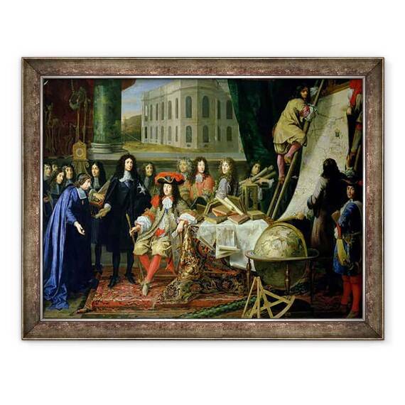 Tablou inramat - Henri Testelin - Jean-Baptiste Colbert 1619-83 Prezentarea membrilor Academiei Regale de stiinta lui Ludovic al XIV-lea 1638-1715 c.1667 ulei pe panza detaliu - - Roveli
