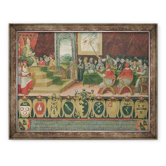 Tablou inramat - Scoala Italiana - Discutia privind reforma calendarului in cadrul Papei Grigore al XIII-lea 1502-85 inlocuita cu Calendarul gregorian, Roma - - Roveli