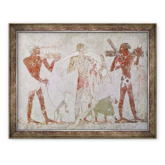 Tablou inramat - Egyptian 18th Dynasty - Kushites care transporta tributuri de aur, fildes si piei de animale, de la mormantul lui Rekhmire, vizir de Tuthmosis III si Amenhotep II - - Roveli