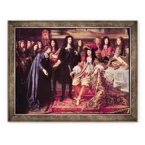 Tablou inramat - Henri Testelin - Jean-Baptiste Colbert 1619-83 Prezentarea membrilor Academiei Regale de stiinta lui Ludovic al XIV-lea 1638-1715 detalii ale partii centrale - - Roveli