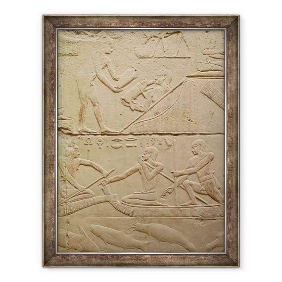 Tablou inramat - Egyptian 6th Dynasty - Relief reprezentand un om ingrijind un purcel nou-nascut si barbati in barci papirus, de la Mastaba lui Kagemni - - Roveli