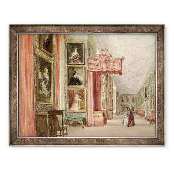 Tablou inramat - David Cox - Interiorul Galeriei Long, Hardwick Hall, Derbyshire - - Roveli