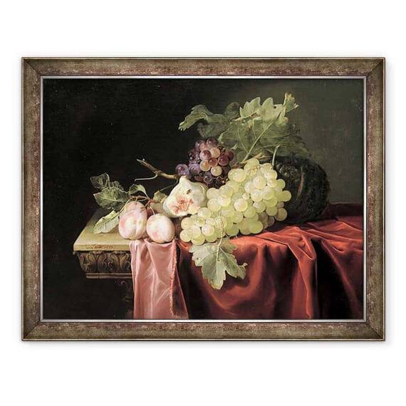 Tablou inramat - Willem van Aelst - O viata statica cu struguri, prune, smochine si un pepene galben pe o margine de piatra partial drapata - - Roveli