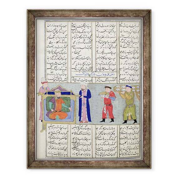 Tablou inramat - Scoala Persana - Doamna C-822 Pregatirea sarbatorii ordonate de Feridun inainte de plecarea sa la razboi, din Shahnama Cartea Regilor - - Roveli