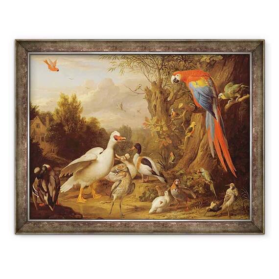 Tablou inramat - Jakob Bogdani - Un Macaw, rate, papagali si alte pasari intr-un peisaj - - Roveli
