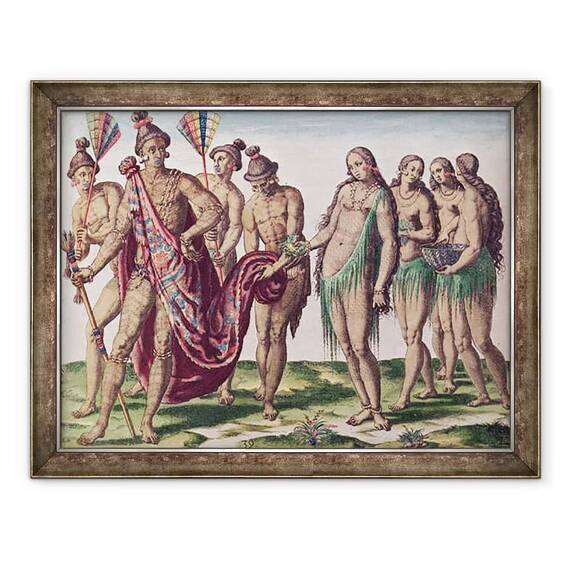 Tablou inramat - Jacques de Morgues Le Moyne - seful Satouriona si sotia sa merg la o plimbare, placa XXXIX din Brevis Narratio.. - - Roveli