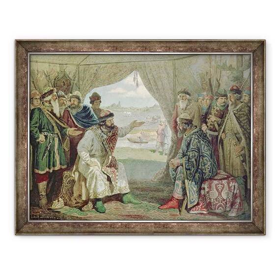 Tablou inramat - Aleksei Danilovich Kivshenko - Conventia Printilor cu Marele Duce Vladimir Monomakh al II-lea 1053-1125 la Dolob in 1103 - - Roveli