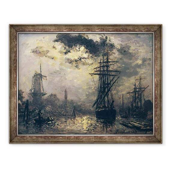 Tablou inramat - Johan-Barthold Jongkind - Vedere la port, sau morile de vant din Rotterdam - - Roveli