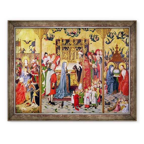 Tablou inramat - Master of the Holy Family - Altar al celor sapte bucurii ale Fecioarei, ilustrand Adorarea Magilor, Prezentarea in Templu si Hristos care apare la Maria - - Roveli