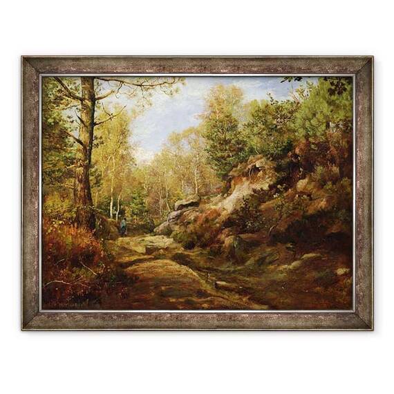 Tablou inramat - Henri Joseph Constant Dutilleux - Pini si mesteacan copaci sau, Padurea Fontainebleau - - Roveli