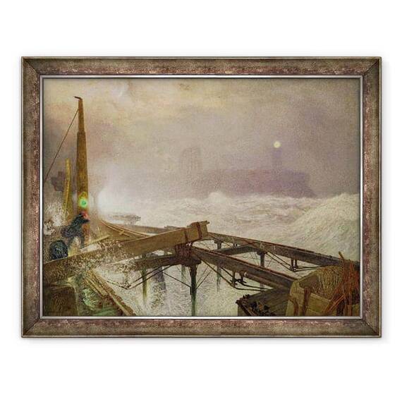 Tablou inramat - Alfred William Hunt - Lumini albastre, debarcaderul Teignemouth - iluminarea lampilor la apusul soarelui - - Roveli