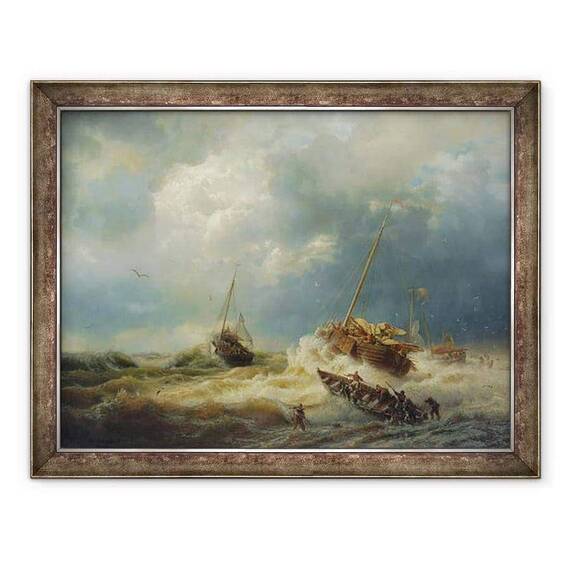 Tablou inramat - Andreas Achenbach - Navele intr-o furtuna pe coasta olandeza - - Roveli
