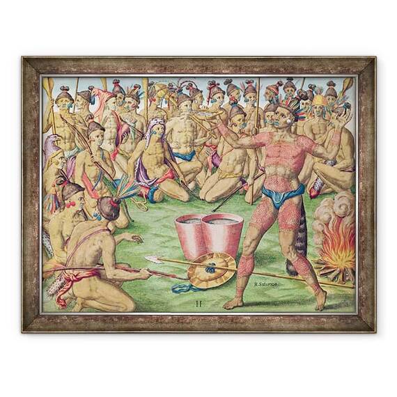 Tablou inramat - Jacques de Morgues Le Moyne - Satoutiona se pregateste de lupta, de la Brevis Narratio.., gravat de Theodore de Bry 1528-98 publicat la Frankfurt - - Roveli