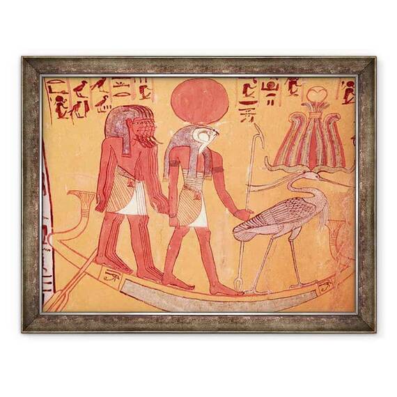 Tablou inramat - Egyptian 19th Dynasty - Barca solara cu Re-Horakhty, pasarea benu si alte patru zeitati, de la mormantul din Sennedjem, Satul Muncitorilor - - Roveli