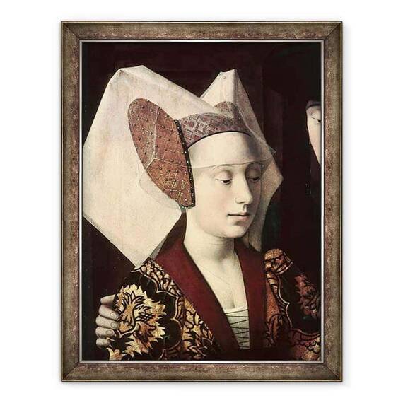 Tablou inramat - Petrus Christus - St Eligius c.588-660 ca un aurar care arata un inel cuplului angajat, detaliu al logodnicei - - Roveli