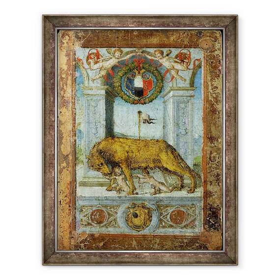 Tablou inramat - Scoala Italiana - Lupul care alapteaza Romulus si Remus - - Roveli