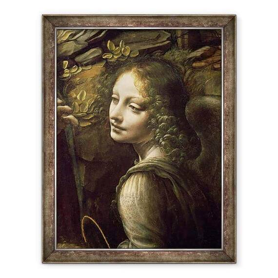 Tablou inramat - Leonardo da Vinci - Detaliu al ingerului, de la Fecioara Stancilor Fecioara cu Pruncul Sfantul Ioan adorand Pruncul Hristos insotit de un inger - - Roveli