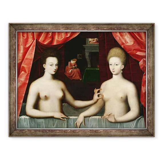 Tablou inramat - Scoala Fontainebleau - Gabrielle dEstrees 1573-99 si sora ei, Ducesa de Villars - - Roveli