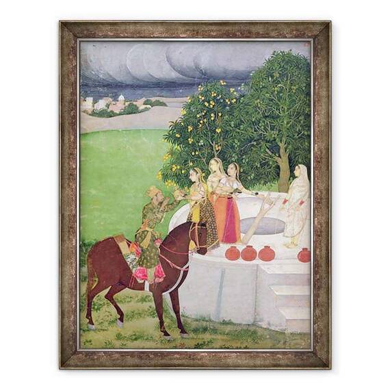Tablou inramat - Scoala indiana - Un print cersind apa de la femei la o fantana, Mughal - - Roveli
