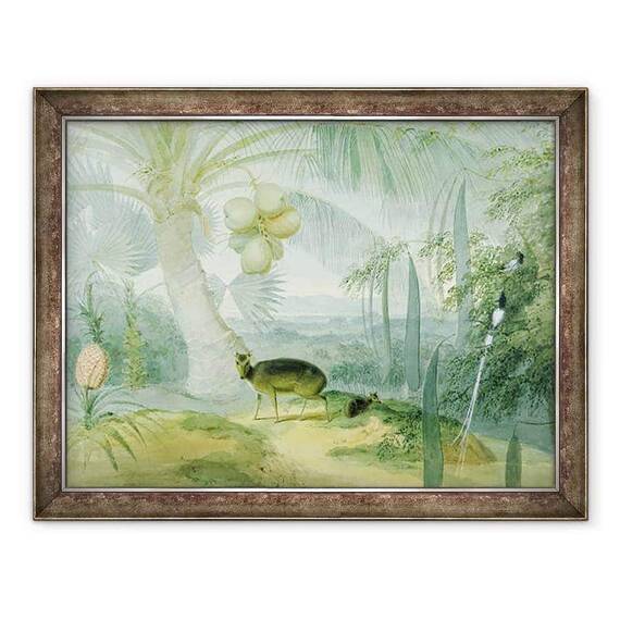 Tablou inramat - Samuel Daniell - Un peisaj in Ceylon, cu cerb latrat si Fawn si o pereche de Paradise Fly-Catchers - - Roveli