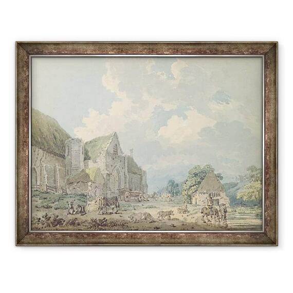 Tablou inramat - Thomas Girtin - Hambarul Zecimea de la Abbotsbury cu manastirea pe deal... - - Roveli