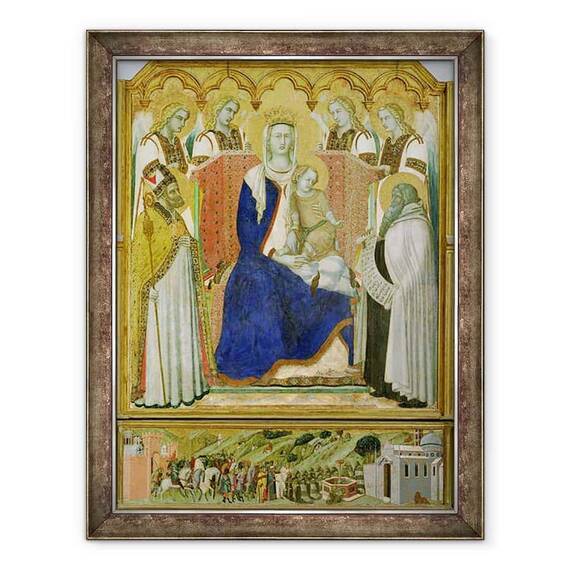Tablou inramat - Pietro Lorenzetti - Altarul Carmine, panou central reprezentand Fecioara si Pruncul cu ingeri, Sfantul Nicolae si profetul, Ilie - - Roveli