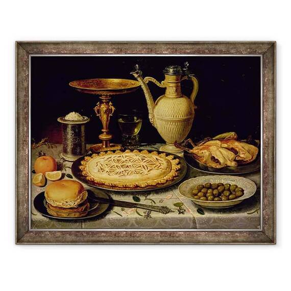 Tablou inramat - Clara Peeters - inca de viata cu o tarta, friptura de pui, paine - - Roveli