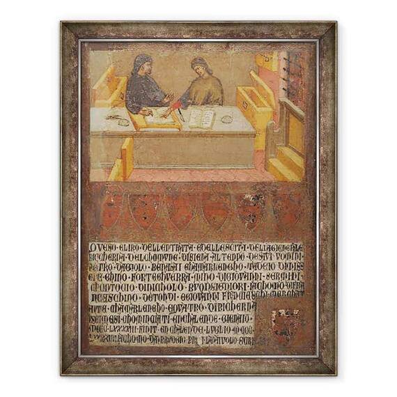 Tablou inramat - Paolo di Giovanni Fei - Director Financiar sef si Scrib la biroul lor din Biccherna biroul de venituri - - Roveli