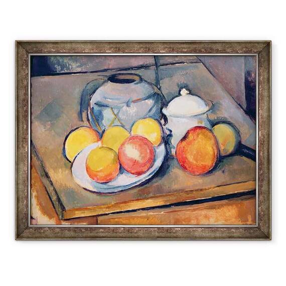 Tablou inramat - Paul Cezanne - Vaza acoperita cu paie, bol de zahar si mere - - Roveli