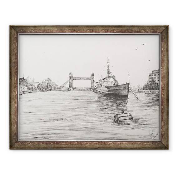 Tablou inramat - Vincent Alexander Booth - HMS Belfast pe raul Tamisa Londra, 2006 - - Roveli